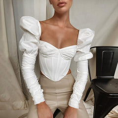 Cryptographic Square Collar Vintage Fashion Corset Women Top and Blouse Shirts Elegant Puff Long Sleeve Tops Sexy Blouse Blusas