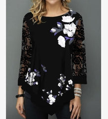 Women Blouse Shirt Asymmetric Hem Autumn Floral Printed Blouse Female Flower Print Tops O Neck Blusas Fashion Lady Camisa