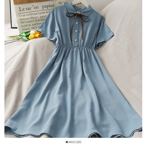 Dress Women Chiffon Bow Solid High Waist Turn-down Collar Preppy Style Kawaii Ulzzang Popular Temperament Girls Summer Holiday