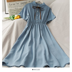 Dress Women Chiffon Bow Solid High Waist Turn-down Collar Preppy Style Kawaii Ulzzang Popular Temperament Girls Summer Holiday