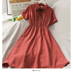 Dress Women Chiffon Bow Solid High Waist Turn-down Collar Preppy Style Kawaii Ulzzang Popular Temperament Girls Summer Holiday