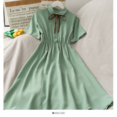 Dress Women Chiffon Bow Solid High Waist Turn-down Collar Preppy Style Kawaii Ulzzang Popular Temperament Girls Summer Holiday