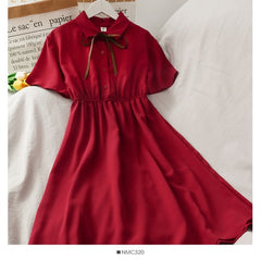 Dress Women Chiffon Bow Solid High Waist Turn-down Collar Preppy Style Kawaii Ulzzang Popular Temperament Girls Summer Holiday