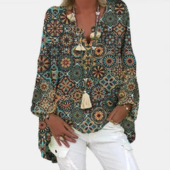 Elegant V-Neck Linen Cotton Women Blouse Shirts Autumn Floral Print Plus Size Tops Female Vintage Casual Long Sleeves Blusa
