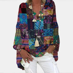 Elegant V-Neck Linen Cotton Women Blouse Shirts Autumn Floral Print Plus Size Tops Female Vintage Casual Long Sleeves Blusa