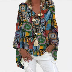 Elegant V-Neck Linen Cotton Women Blouse Shirts Autumn Floral Print Plus Size Tops Female Vintage Casual Long Sleeves Blusa