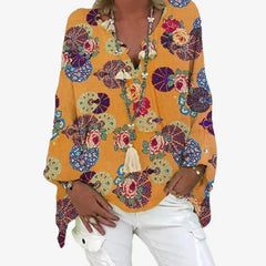 Elegant V-Neck Linen Cotton Women Blouse Shirts Autumn Floral Print Plus Size Tops Female Vintage Casual Long Sleeves Blusa