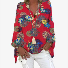 Elegant V-Neck Linen Cotton Women Blouse Shirts Autumn Floral Print Plus Size Tops Female Vintage Casual Long Sleeves Blusa