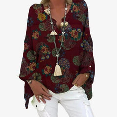 Elegant V-Neck Linen Cotton Women Blouse Shirts Autumn Floral Print Plus Size Tops Female Vintage Casual Long Sleeves Blusa