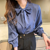 New Bow White Blouse Women Button Office Lady Long Sleeve Blue Chiffon Shirt Autumn Tops Woman Clothes Pocket Womens Shirts