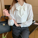 New Bow White Blouse Women Button Office Lady Long Sleeve Blue Chiffon Shirt Autumn Tops Woman Clothes Pocket Womens Shirts