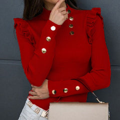 Fashion Autumn Butterfly Long Sleeve Shirt Blouse Elegant O Neck Slim Rib Pullover Tops Winter Casual Women Ruffle Shirts Blusa