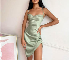 Satin Women Strap Mini Dress Ruched Lace Up Cross Bandage Backless Bodycon Sexy Party Elegant Club Christmas Slim