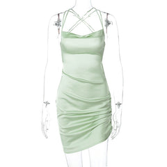 Satin Women Strap Mini Dress Ruched Lace Up Cross Bandage Backless Bodycon Sexy Party Elegant Club Christmas Slim