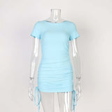 Ladies ribbed drawstring dress bodycon round neck short-sleeve sexy T-shirt dresses WL88