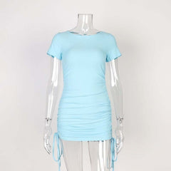 Ladies ribbed drawstring dress bodycon round neck short-sleeve sexy T-shirt dresses WL88