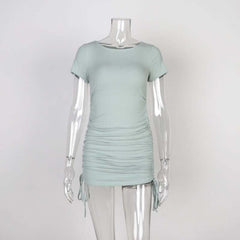 Ladies ribbed drawstring dress bodycon round neck short-sleeve sexy T-shirt dresses WL88