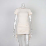 Ladies ribbed drawstring dress bodycon round neck short-sleeve sexy T-shirt dresses WL88
