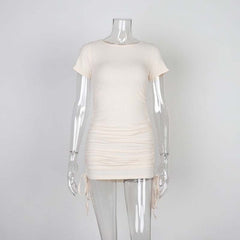 Ladies ribbed drawstring dress bodycon round neck short-sleeve sexy T-shirt dresses WL88