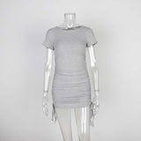 Ladies ribbed drawstring dress bodycon round neck short-sleeve sexy T-shirt dresses WL88