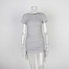 Ladies ribbed drawstring dress bodycon round neck short-sleeve sexy T-shirt dresses WL88