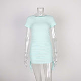 Ladies ribbed drawstring dress bodycon round neck short-sleeve sexy T-shirt dresses WL88