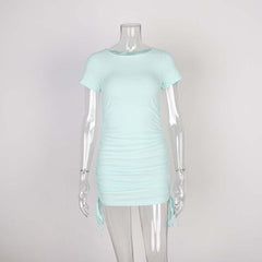Ladies ribbed drawstring dress bodycon round neck short-sleeve sexy T-shirt dresses WL88