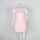 Ladies ribbed drawstring dress bodycon round neck short-sleeve sexy T-shirt dresses WL88