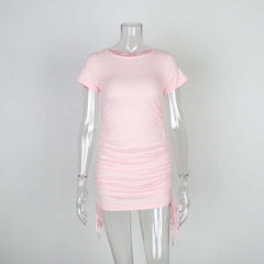 Ladies ribbed drawstring dress bodycon round neck short-sleeve sexy T-shirt dresses WL88