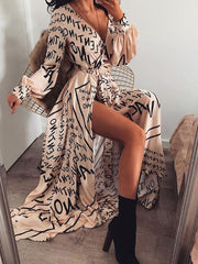 New Style Fashion Elegant Women Sexy Boat Neck Glitter Deep V Neck Print Party Dress Formal Long Dress Sexy Clubwear