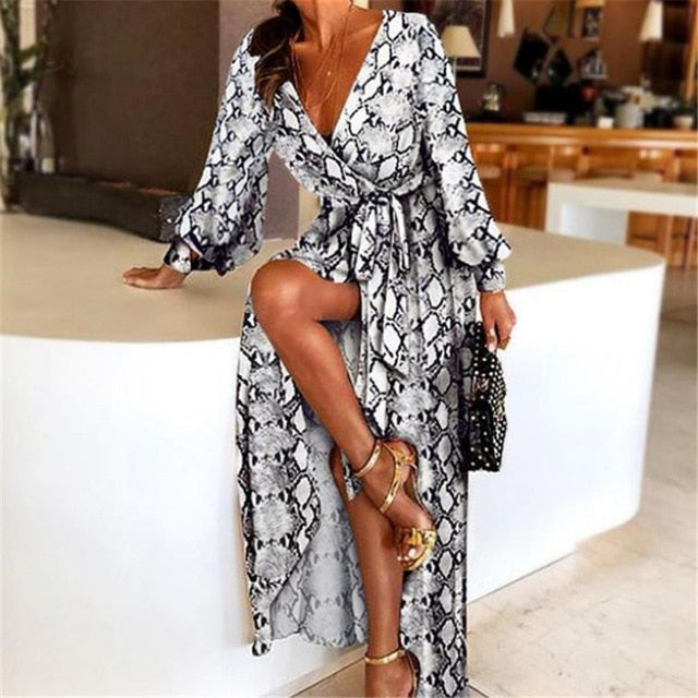 New Style Fashion Elegant Women Sexy Boat Neck Glitter Deep V Neck Print Party Dress Formal Long Dress Sexy Clubwear