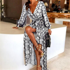New Style Fashion Elegant Women Sexy Boat Neck Glitter Deep V Neck Print Party Dress Formal Long Dress Sexy Clubwear