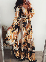 New Style Fashion Elegant Women Sexy Boat Neck Glitter Deep V Neck Print Party Dress Formal Long Dress Sexy Clubwear