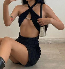Sexy Backless Halter Sexy Cut-Out Women Mini Dresses Bodycon Club Fashion Sleeveless Black Dress Holiday Clothes