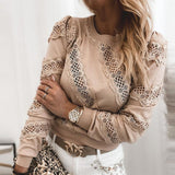 Pbong Women Elegant Lace Contrast Long Sleeve Blouse Shirts Ladies New Casual O-Neck Pullovers Tops  Autumn Fashion Loose Blusa
