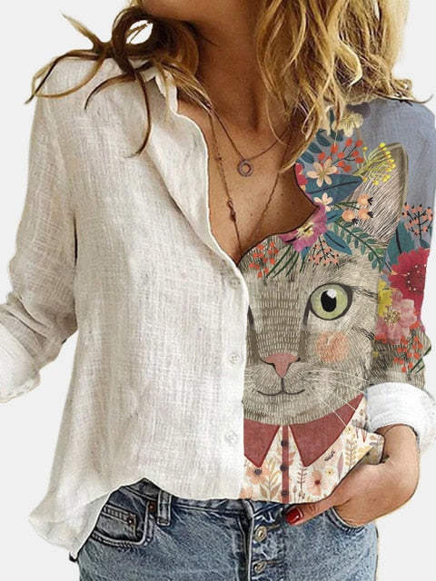 Lovely Cat Printed Polyester White Shirt Women Autumn Lapel Long Sleeves Single Breasted Blouses Female Streetwear Plus Size