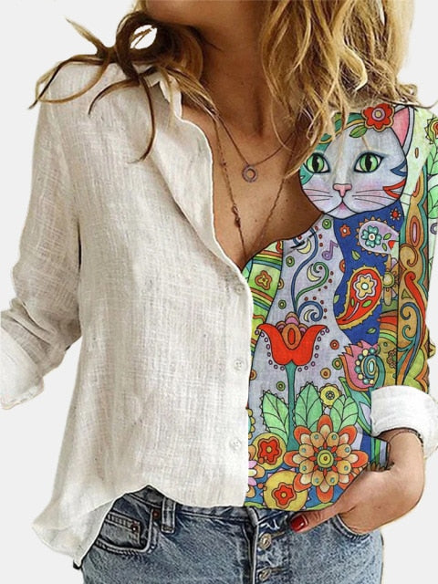 Lovely Cat Printed Polyester White Shirt Women Autumn Lapel Long Sleeves Single Breasted Blouses Female Streetwear Plus Size