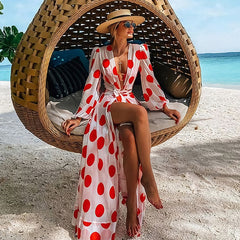 Beach Dress Bikini Cover Up Print Bathing Suit Women Kimono Plus Size Tunic Sexy Long Sleeve Swimwear Cover-Ups