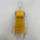 Ladies ribbed drawstring dress bodycon round neck short-sleeve sexy T-shirt dresses WL88