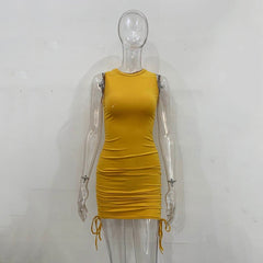 Ladies ribbed drawstring dress bodycon round neck short-sleeve sexy T-shirt dresses WL88