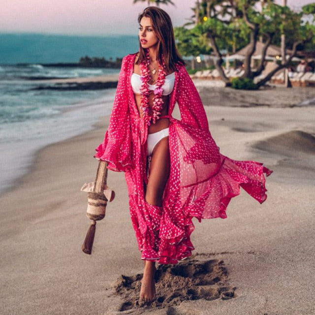Beach Dress Bikini Cover Up Print Bathing Suit Women Kimono Plus Size Tunic Sexy Long Sleeve Swimwear Cover-Ups