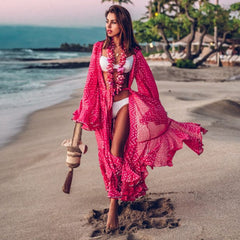 Beach Dress Bikini Cover Up Print Bathing Suit Women Kimono Plus Size Tunic Sexy Long Sleeve Swimwear Cover-Ups