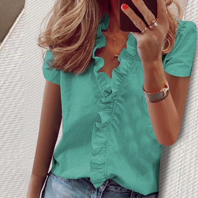 Short Sleeve Shirts Ladies Tops Summer Blouse Office Lady Women's Clothing New Fashion Ruffle V-Neck Solid Shirt Casual Female