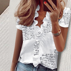 Short Sleeve Shirts Ladies Tops Summer Blouse Office Lady Women's Clothing New Fashion Ruffle V-Neck Solid Shirt Casual Female