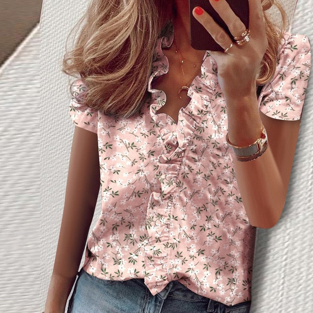 Short Sleeve Shirts Ladies Tops Summer Blouse Office Lady Women's Clothing New Fashion Ruffle V-Neck Solid Shirt Casual Female