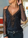 Spring Summer Women Sexy Daily Wear Cold Shoulder Sheer Mesh Lace Blouse Long SLeeve Black Shirt Casual