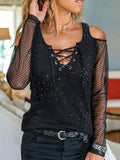 Spring Summer Women Sexy Daily Wear Cold Shoulder Sheer Mesh Lace Blouse Long SLeeve Black Shirt Casual