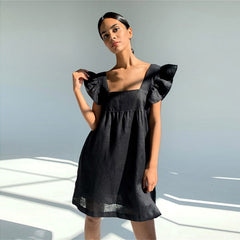 Muiches Casual Square Collar Butterfly Sleeve Mini Sweet Dress Woman Backless High Waist Loose Linen Solid Dress Summer