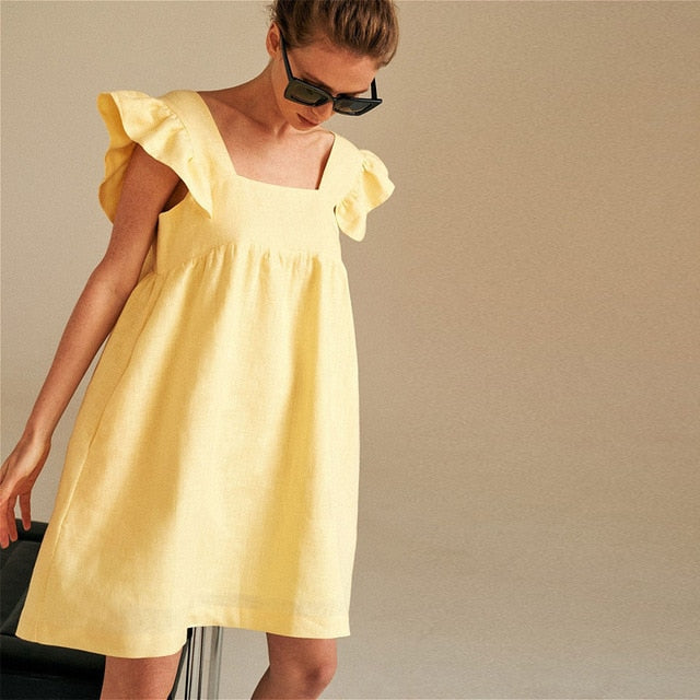 Muiches Casual Square Collar Butterfly Sleeve Mini Sweet Dress Woman Backless High Waist Loose Linen Solid Dress Summer