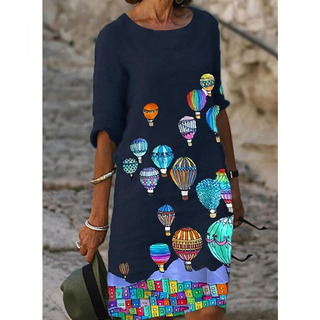 Half Sleeved V Neck Printed Loose Dress Women's Fashion Casual Vintage Spring Autumn All-match Plus Size Beach Dresses Vestidos
